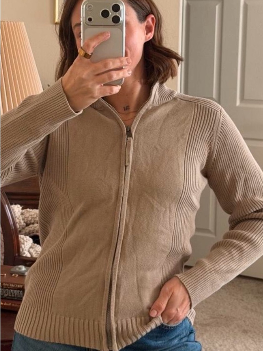 Vintage Esprit Beige Zip-Front Ribbed sweater